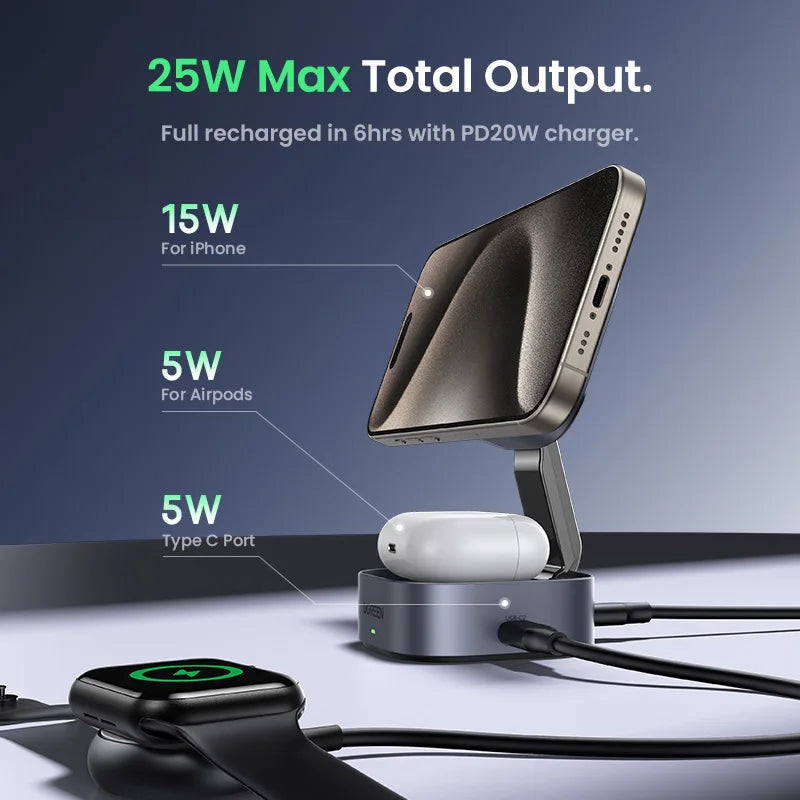 Charging station with smartphone, AirPods, and smartwatch on a dark background with text about charging speeds.