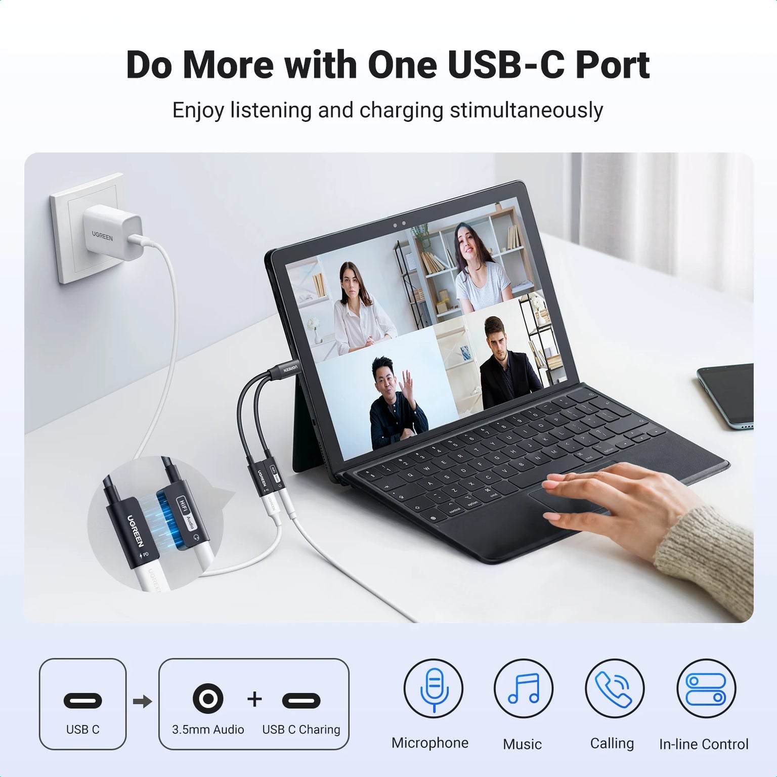 Laptop with USB-C adapter on a desk, connected to a power outlet, with text about USB-C port functionality.