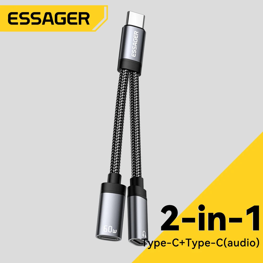 2-in-1 Type-C to Type-C audio cable with braided black and silver cable jacket, shown on a light gray background with yellow graphic accents and text.