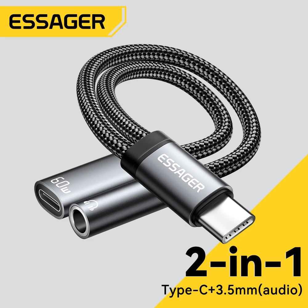 ESSAGER 2-in-1 audio adapter cable with a braided black and silver cable, featuring a USB-C to 3.5mm jack connector, on a light gray background with yellow accents.