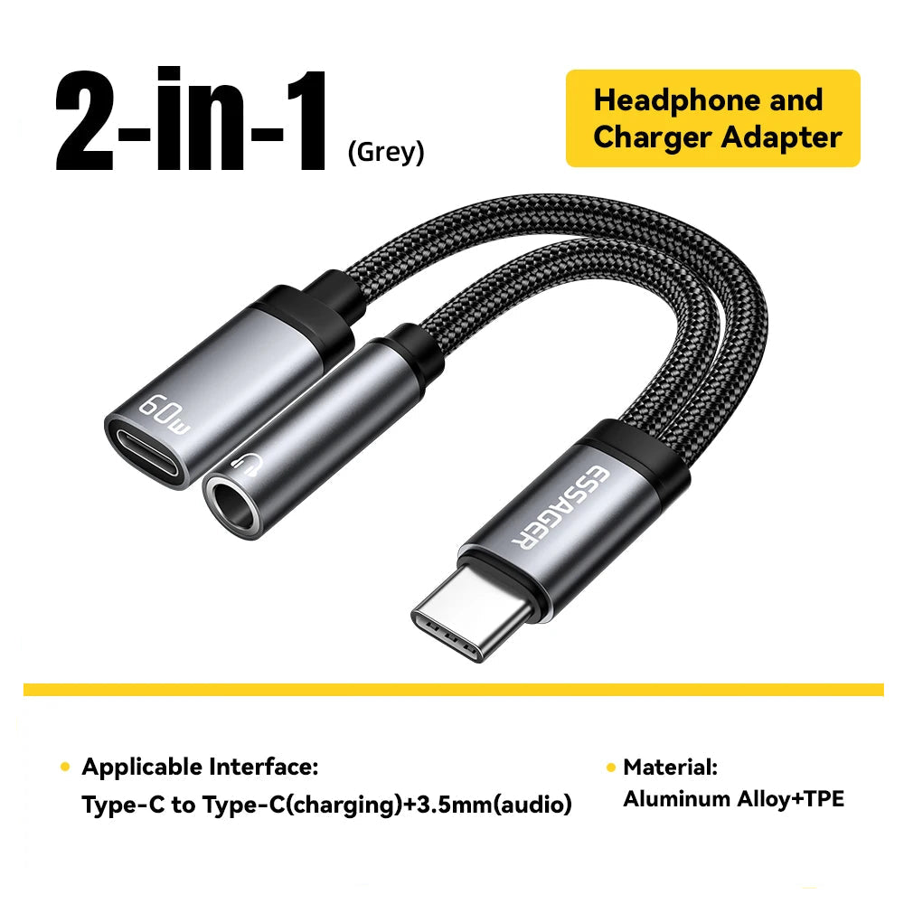 2-in-1 headphone and charger adapter with Type-C and 3.5mm audio connectors on a yellow background.