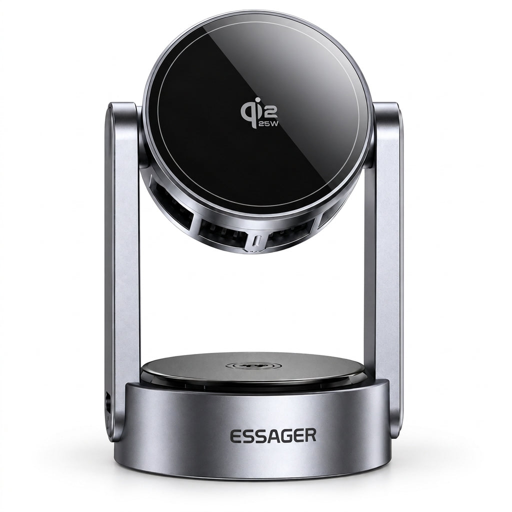 A modern ESSAGER wireless charging base with a rotating camera-style charger head. The product features a brushed silver metallic base and stand, a black circular charging head with a white 'qi2 25W' logo, and a matching black charging pad on the base.