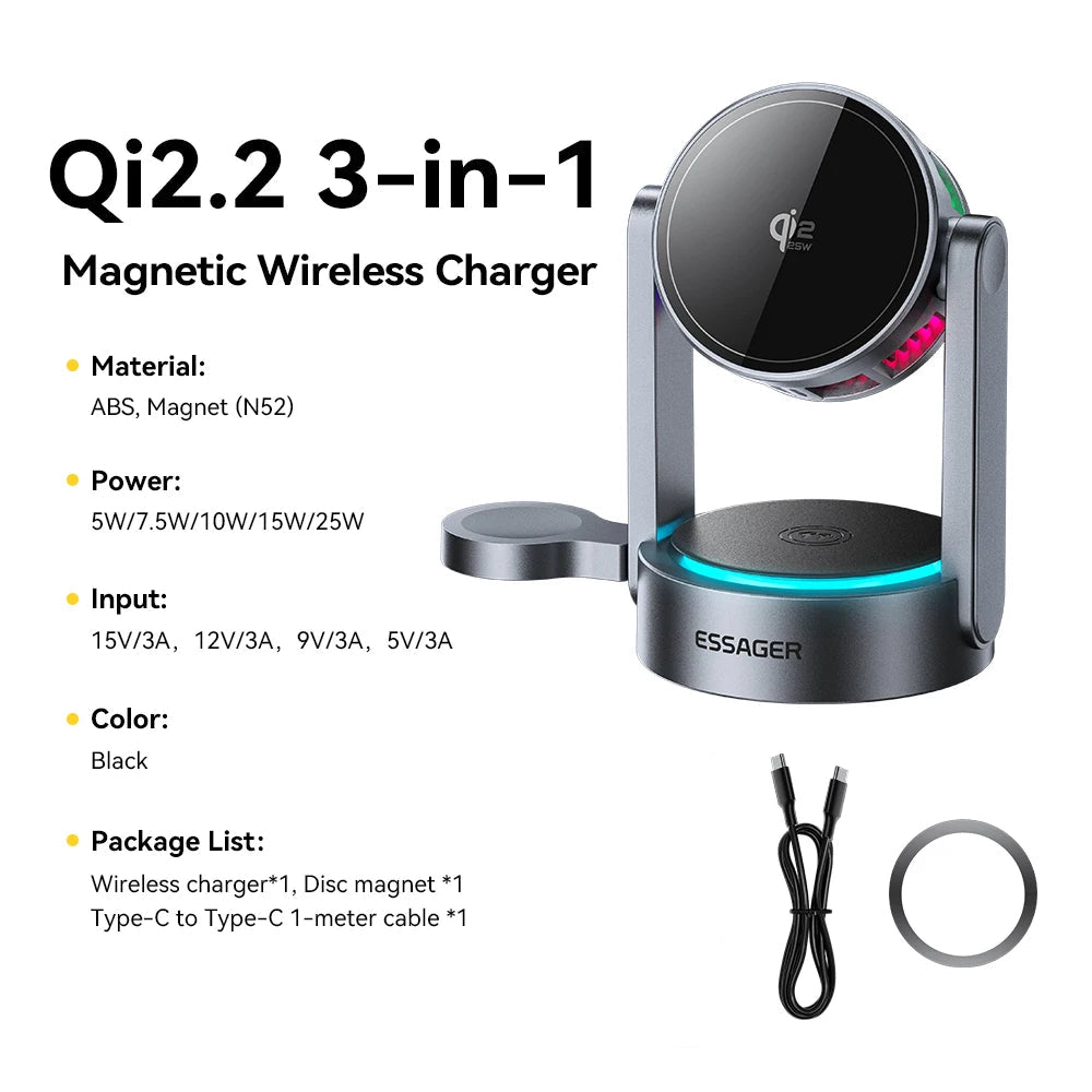 Qi2.2 3-in-1 Magnetic Wireless Charger with specifications and package list on a white background