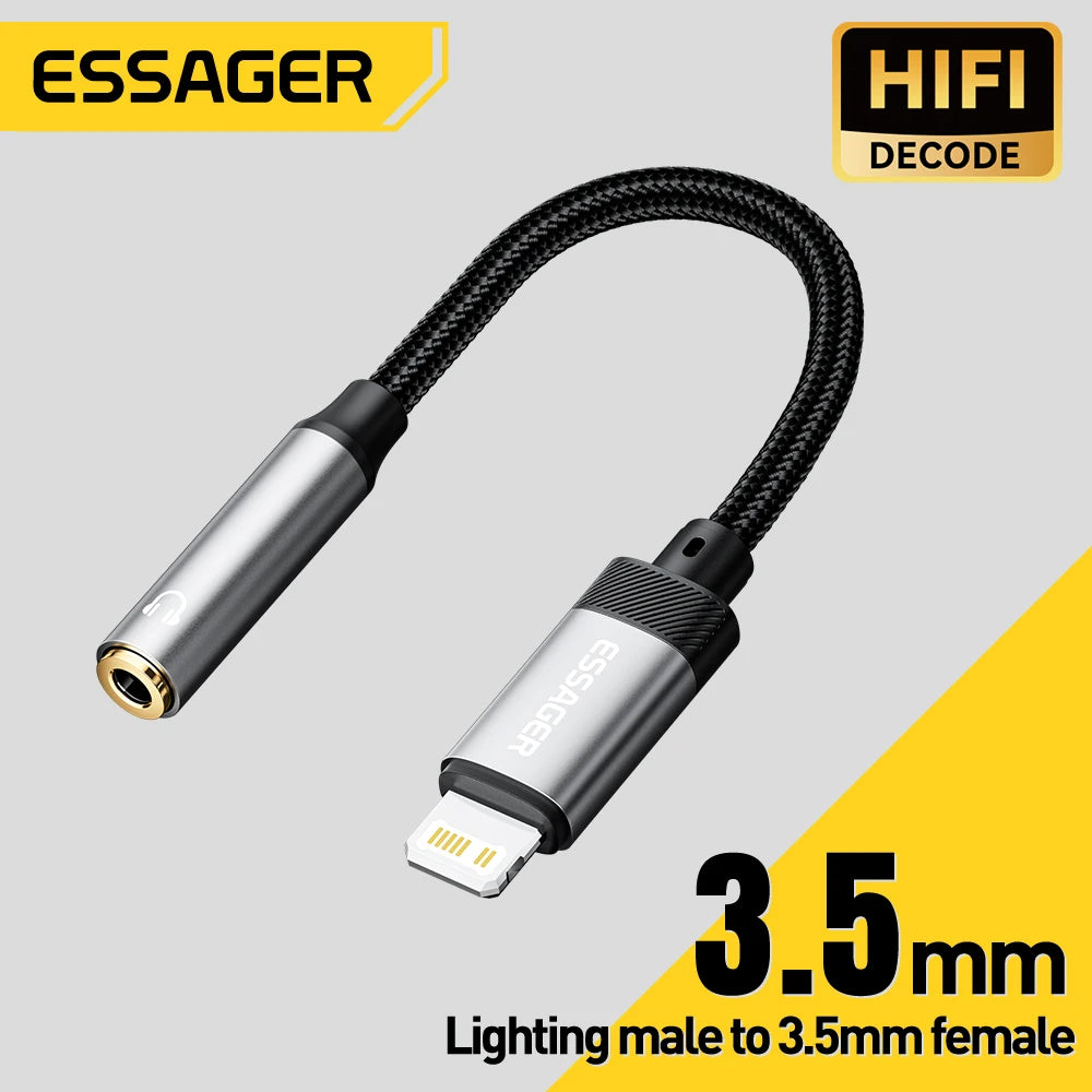 ESSAGER audio cable adapter with lightning male to 3.5mm female connector on a gray and yellow background.