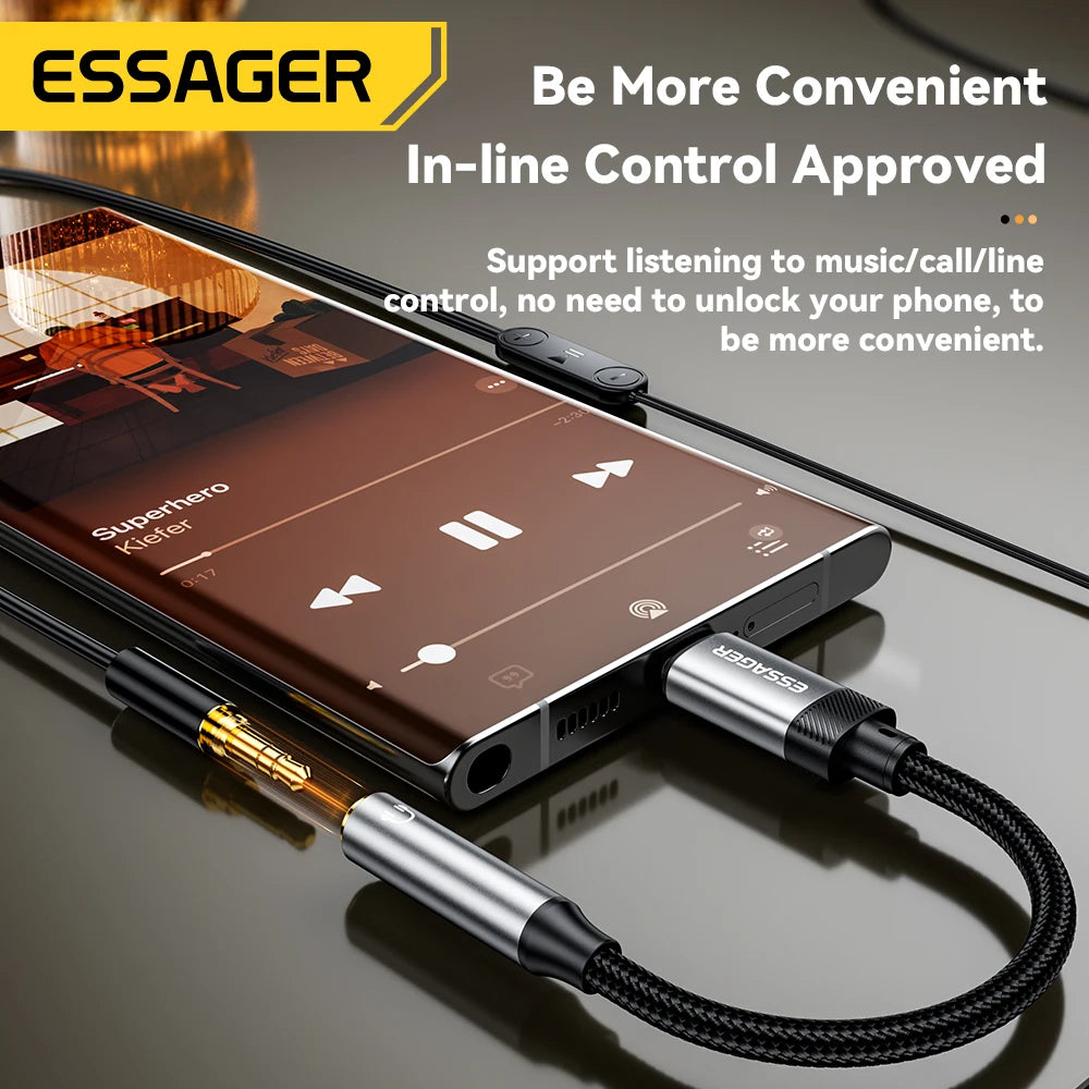Phone with music player app and USB-C adapter on a reflective surface, featuring the brand 'ESSAGER'.