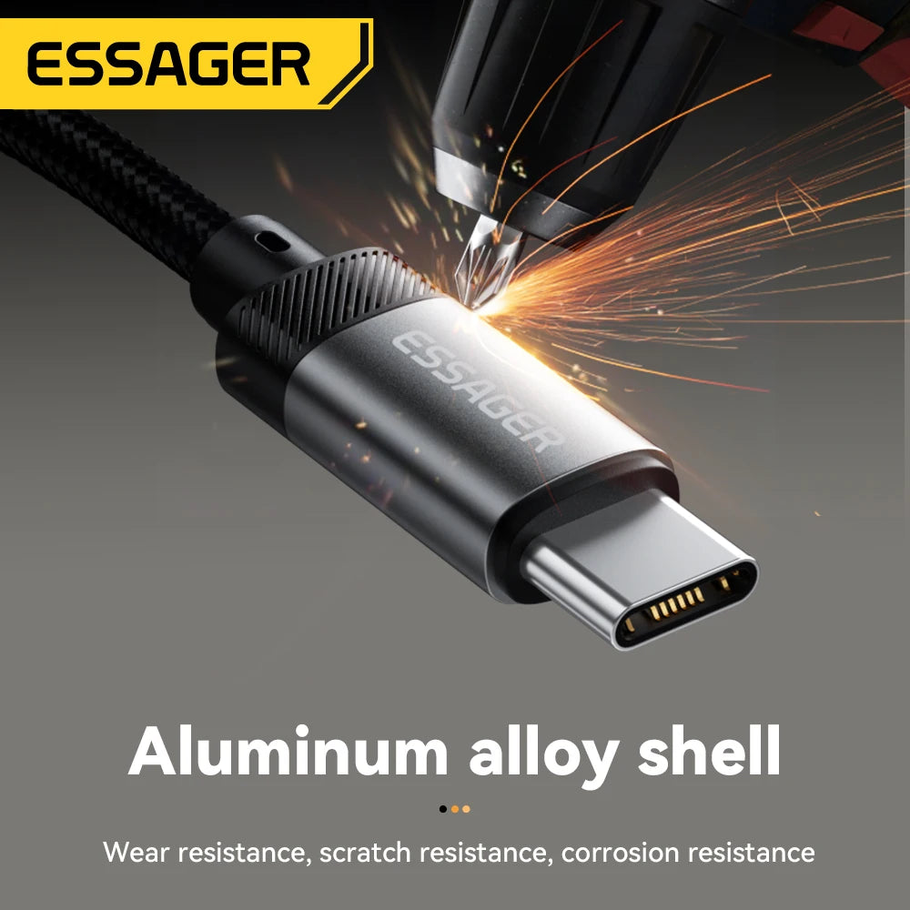 Essager USB-C cable with sparks and 'Aluminum alloy shell' text on a dark background