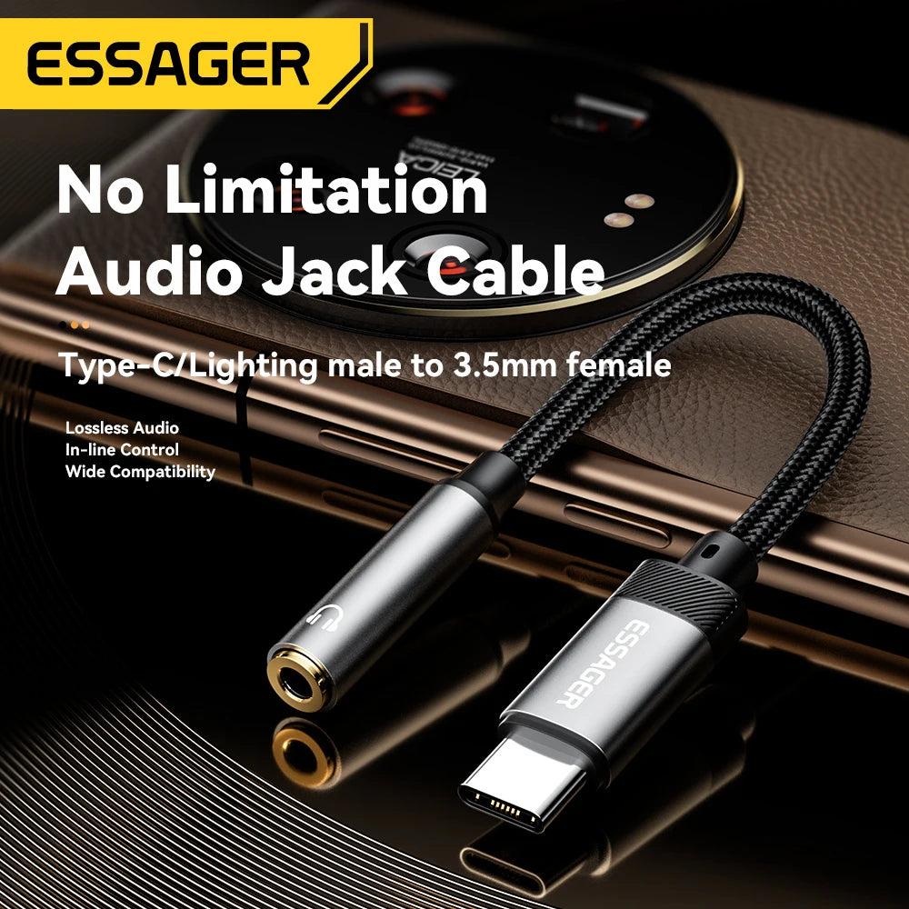 ESSAGER audio jack cable with Type-C and Lighting connectors on a dark background