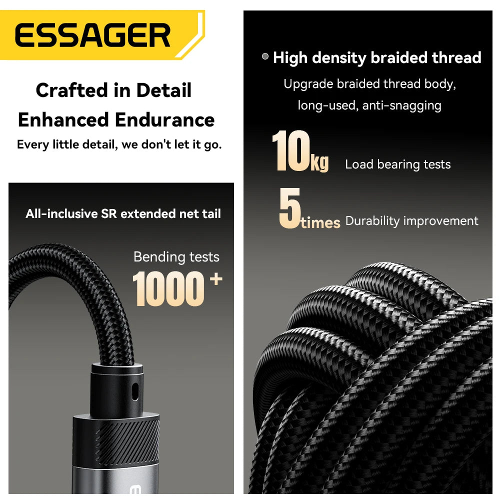 Product advertisement for ESSAGER with text about high-density braided thread and durability tests.
