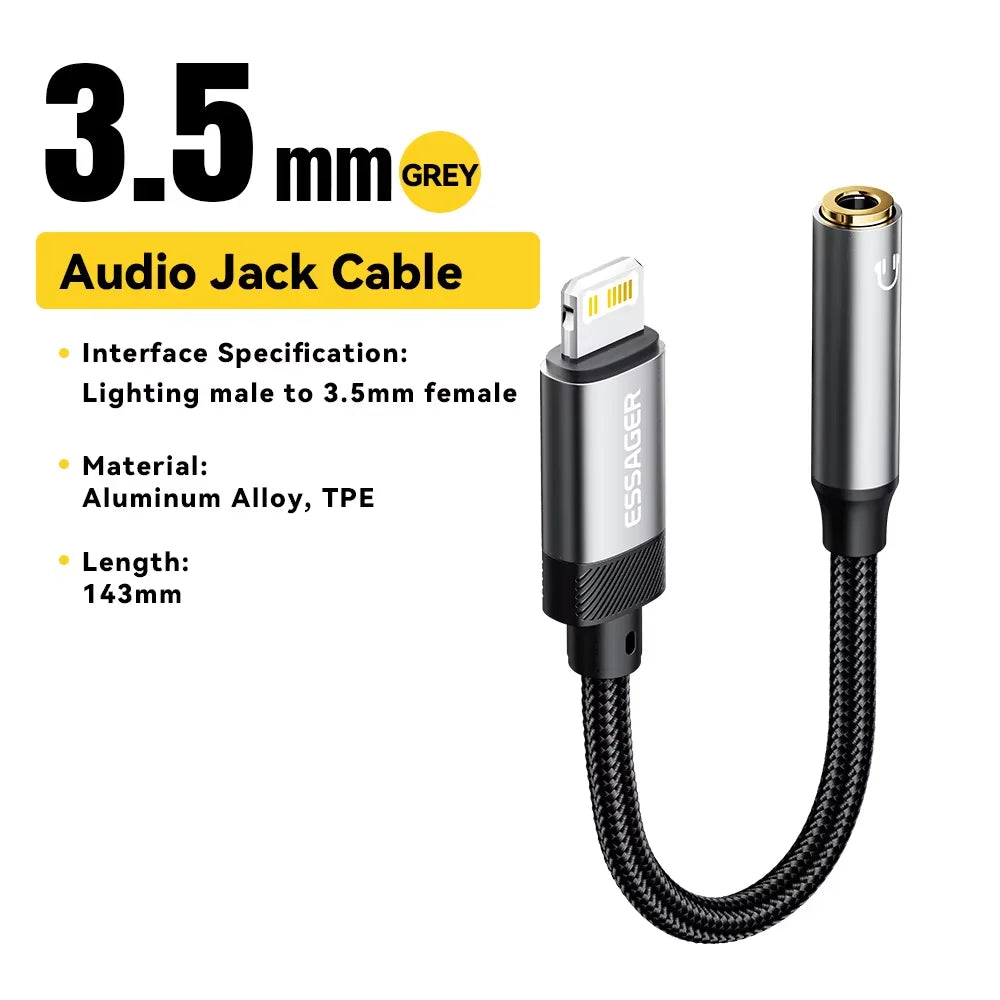 3.5 mm audio jack cable with Lightning male to 3.5mm female connector on a white background