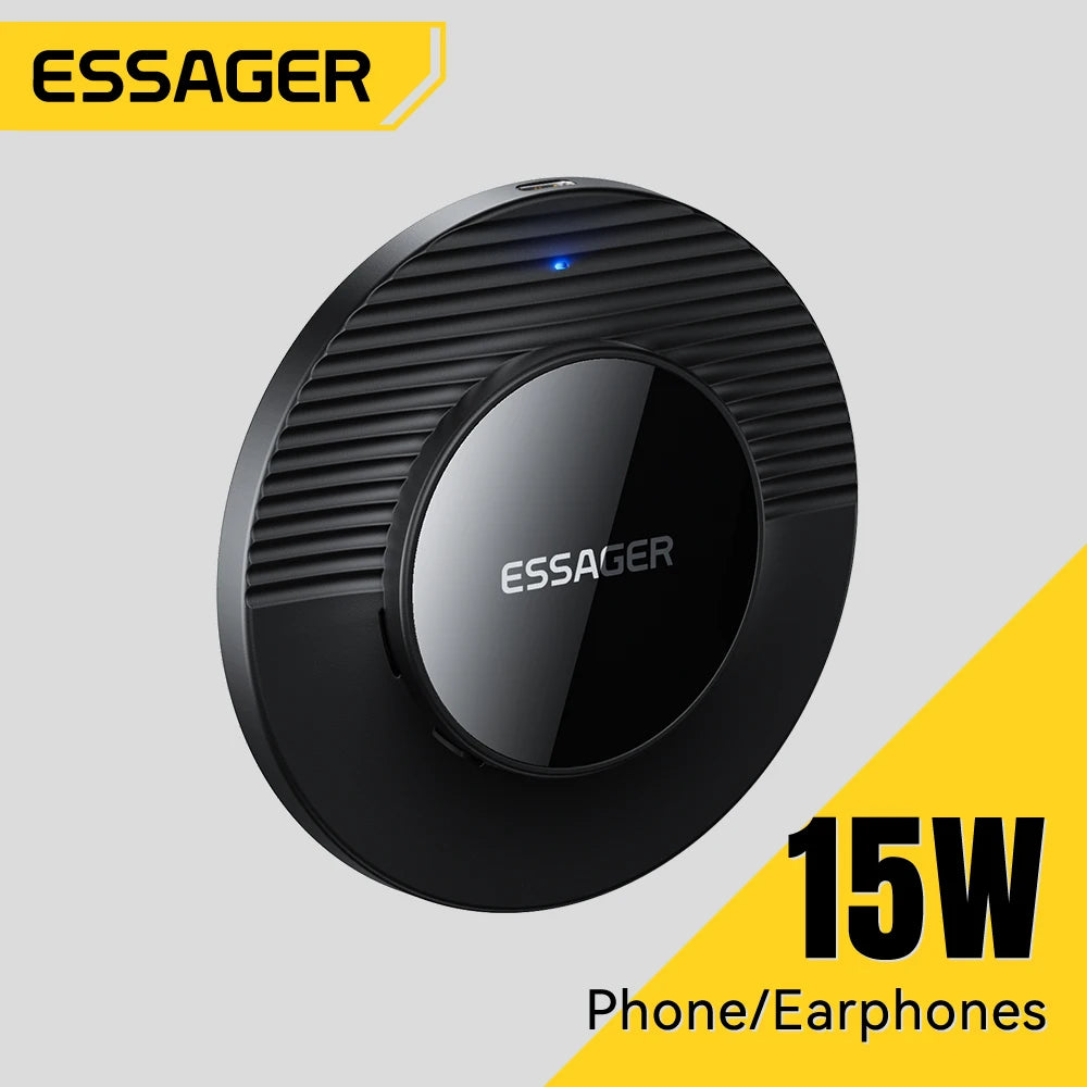 A black ESSAGER 15W wireless device for phones and earphones, shown on a light gray background with yellow accents and text.