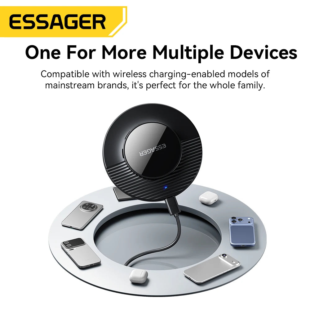 ESSAGER wireless charging pad with multiple devices on a white background