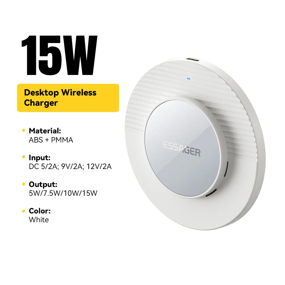 White desktop wireless charger with specifications on a white background