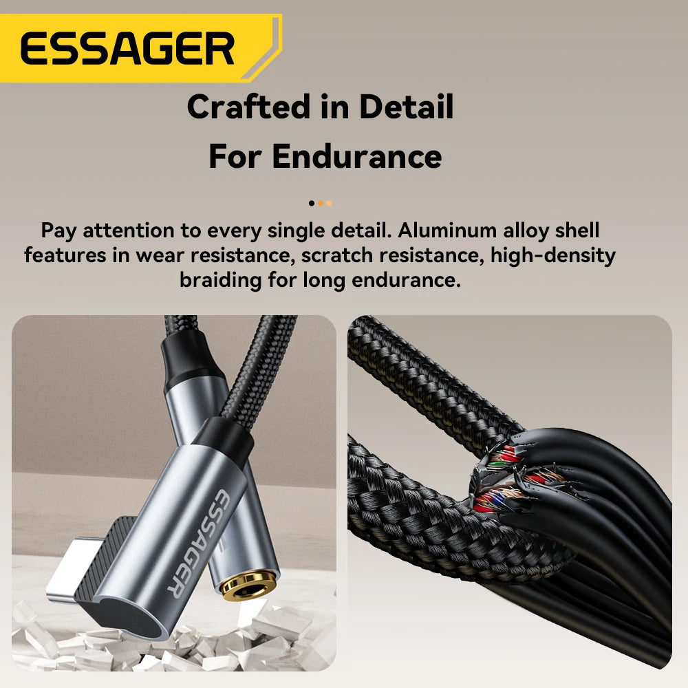 ESSAGER cable with detailed view and text about durability on a beige background