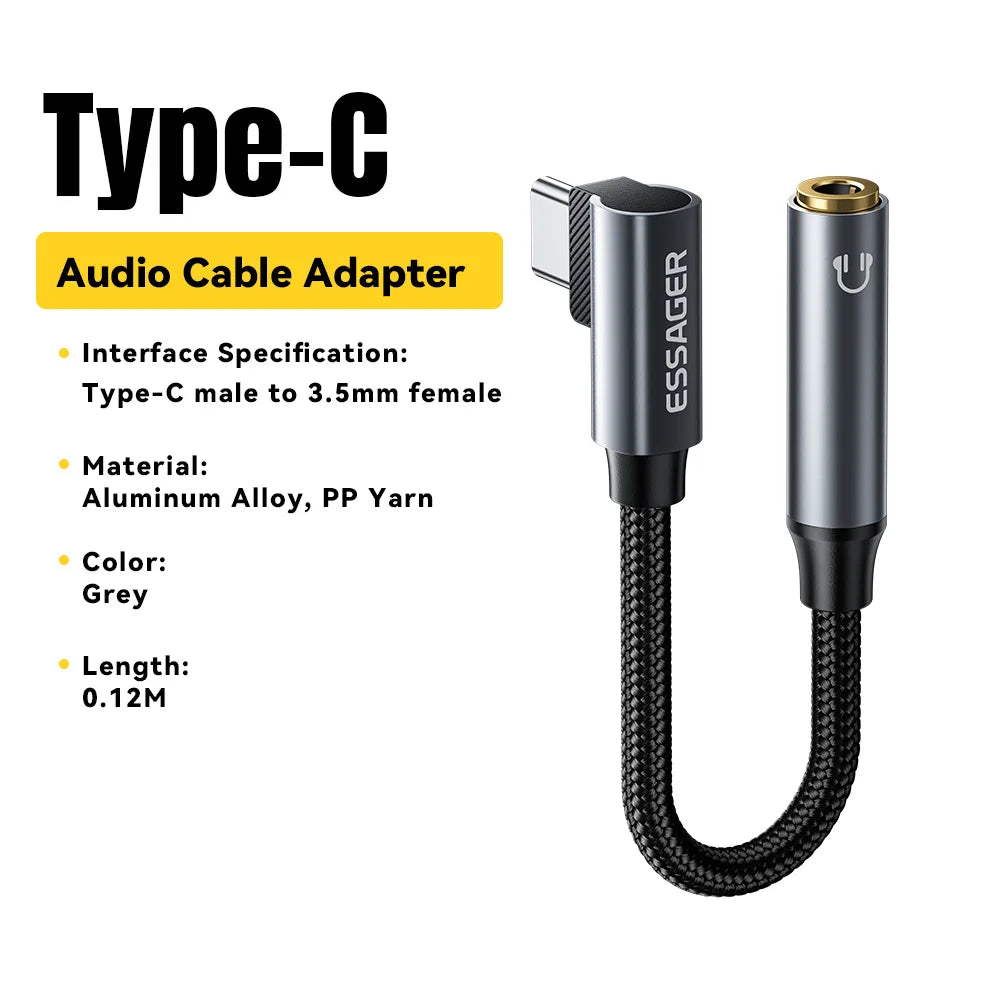 Type-C audio cable adapter with specifications on a white background
