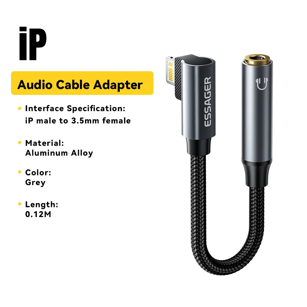 Audio cable adapter with specifications on a white background
