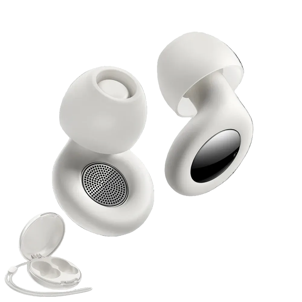 White noise-cancelling sleeping earplugs on a light gray background