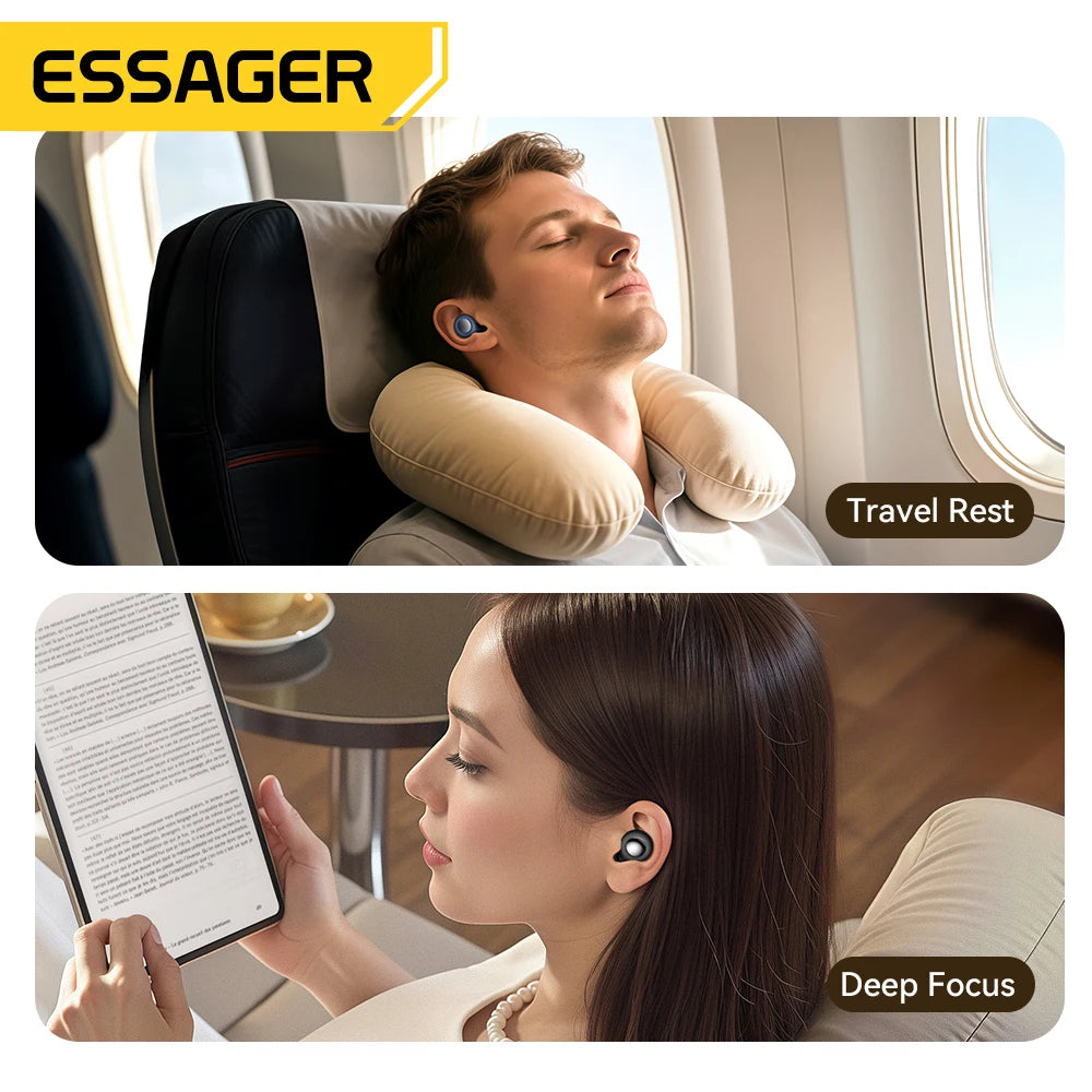 Two images showing a person using a travel neck pillow and another using earbuds.