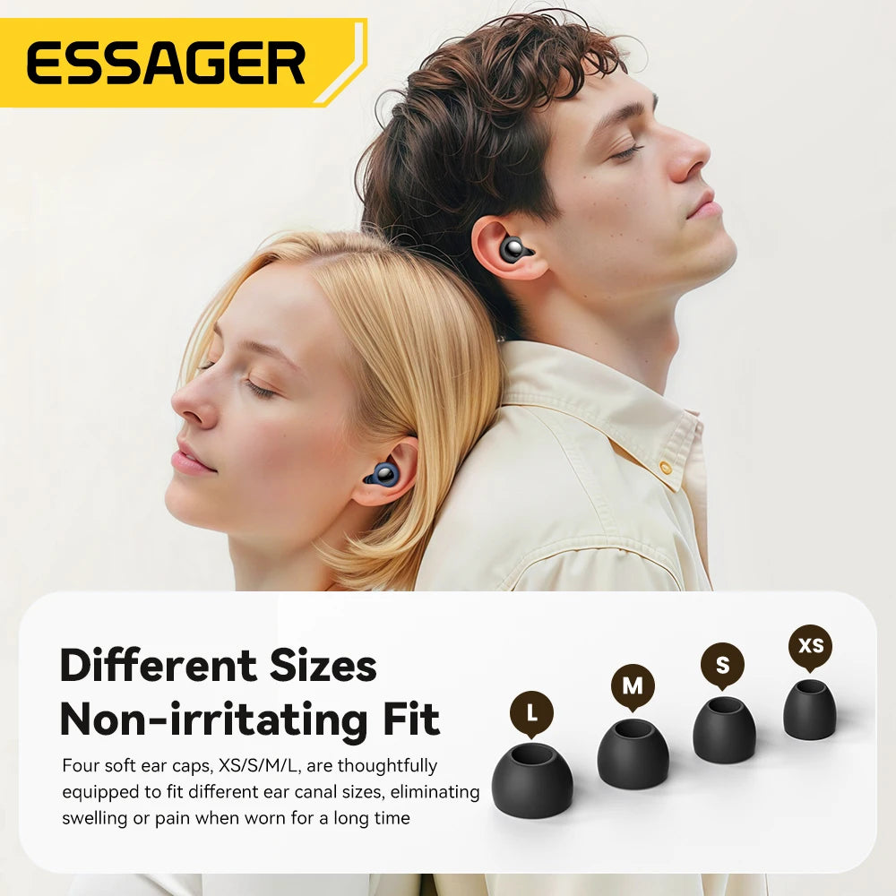 Two people wearing wireless earbuds with Essager branding and size options displayed.